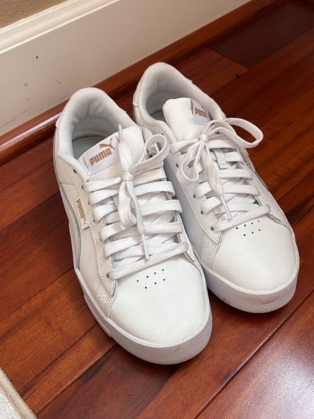 Puma Court Leather Sneakers Women Size 8 White Gold Athletic Platforms